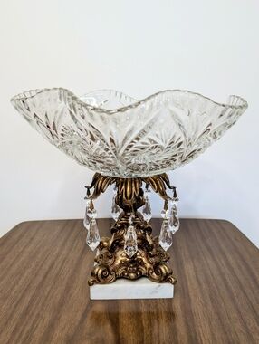 Hollywood Regency Gold Tone Large Footed Glass Bowl With Crystals & Marble Base